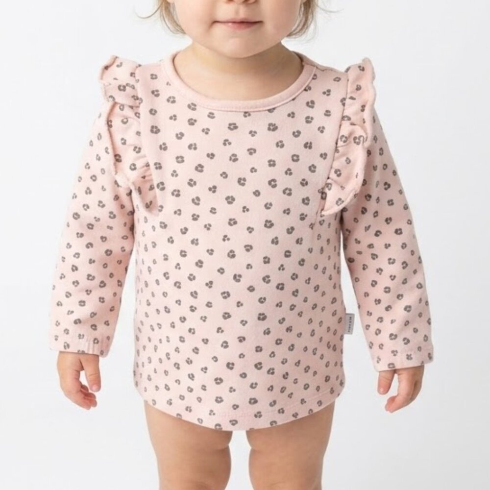 Tahari Baby Pink Leopard Print Organic Cotton Ruffle Shoulder Sweatshirt 18M